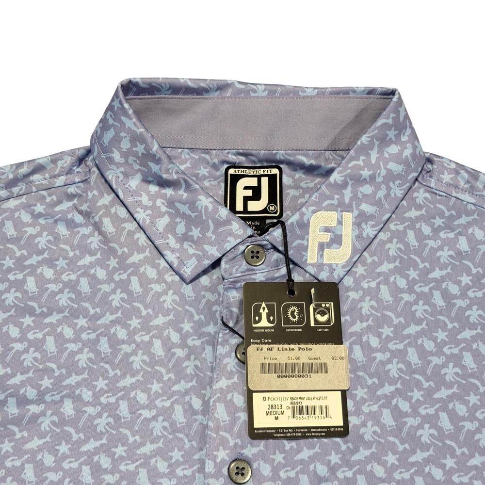 FootJoy Lisle Polo Men Medium Iris Blue Beach Print Athletic Fit Golf Shirt NWT